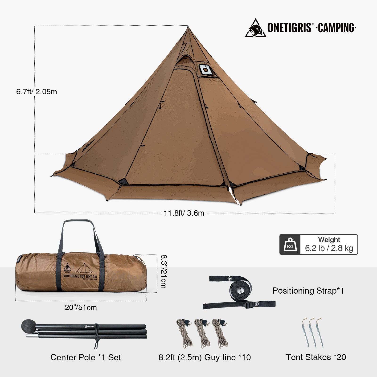 Brown camping tent with dimensions, weight, and accessories displayed on a white background.