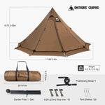 Brown camping tent with dimensions, weight, and accessories displayed on a white background.