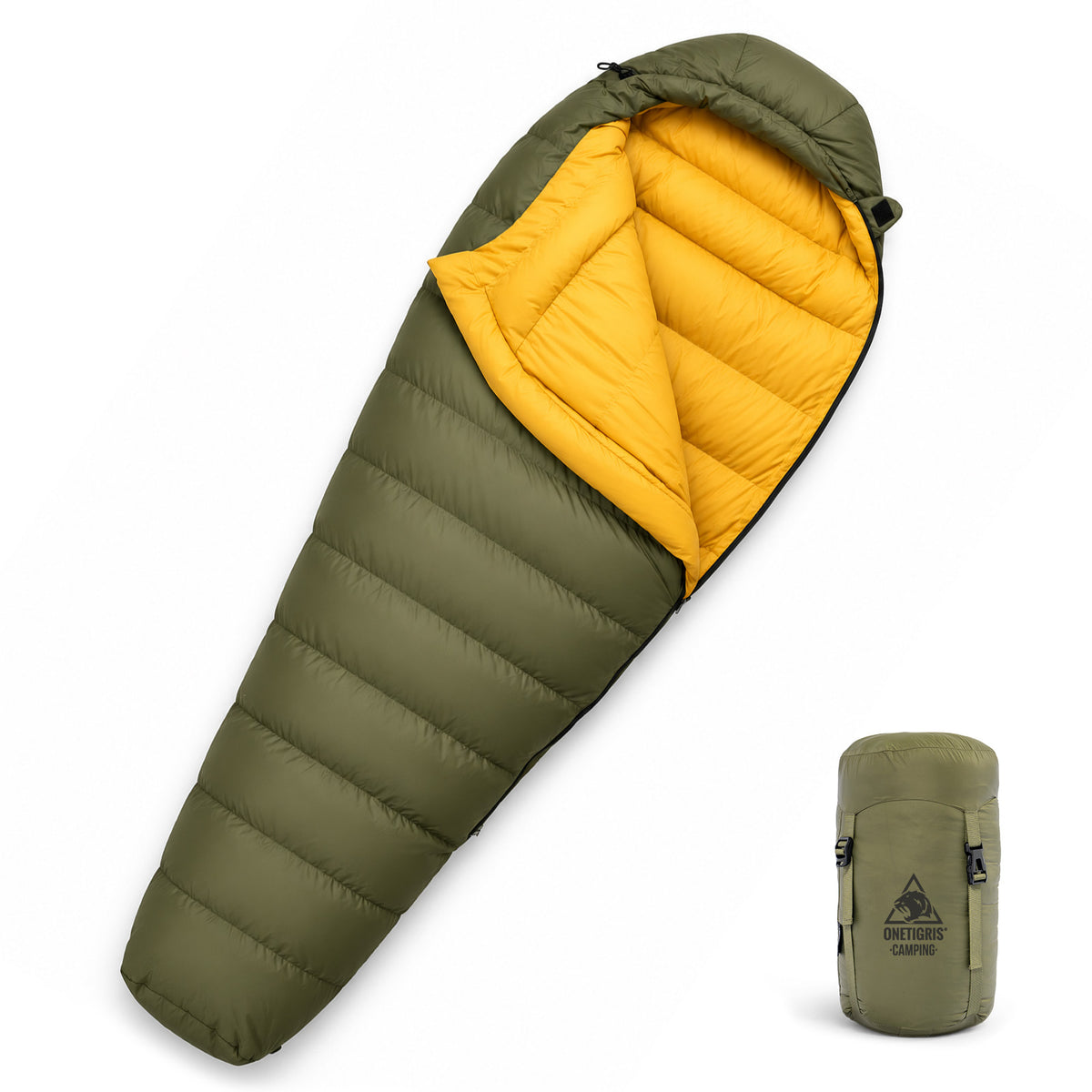 OneTigris olive green mummy sleeping bag with yellow lining, shown partially unzipped next to its packed stuff sack.