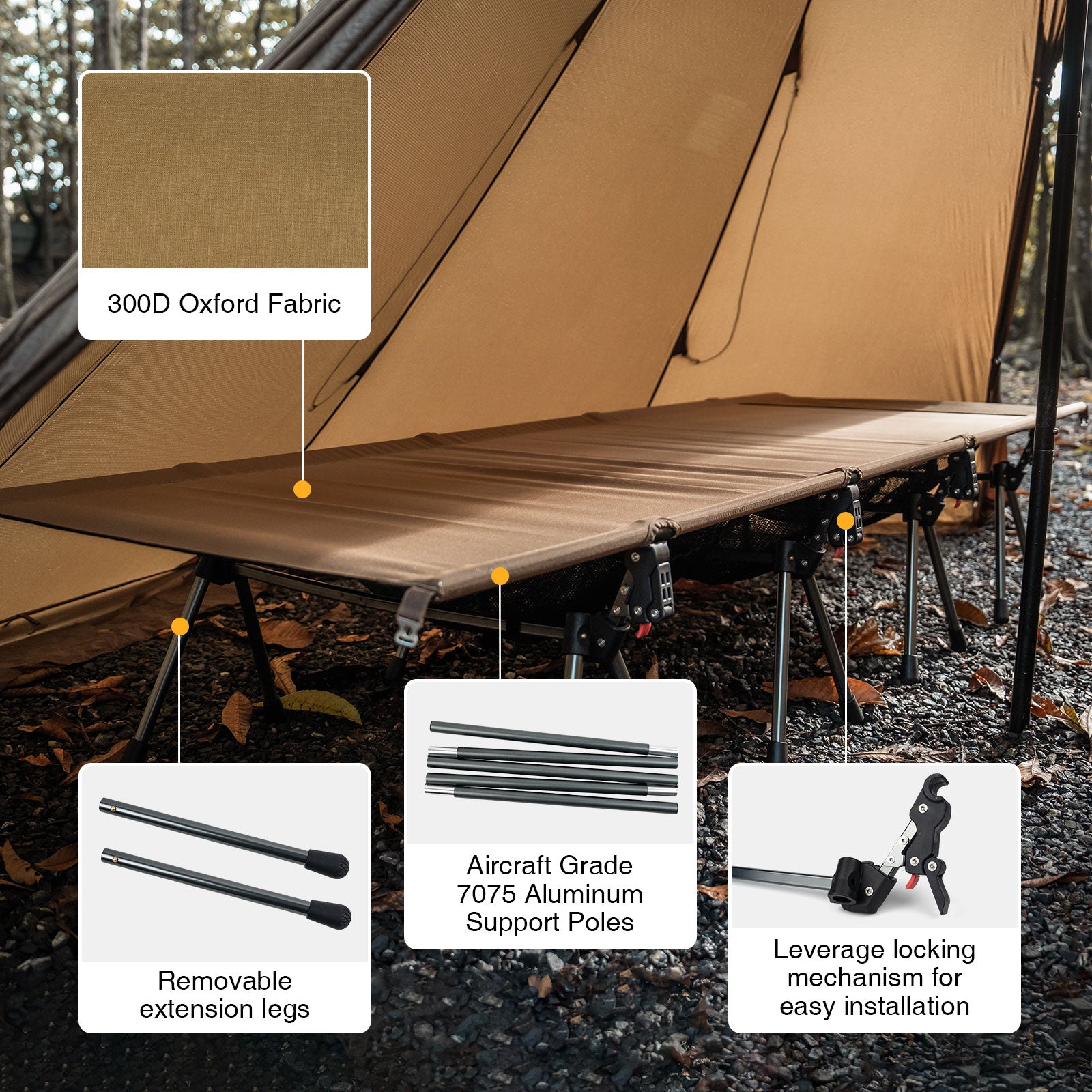 Camping cot with features highlighted on a natural background