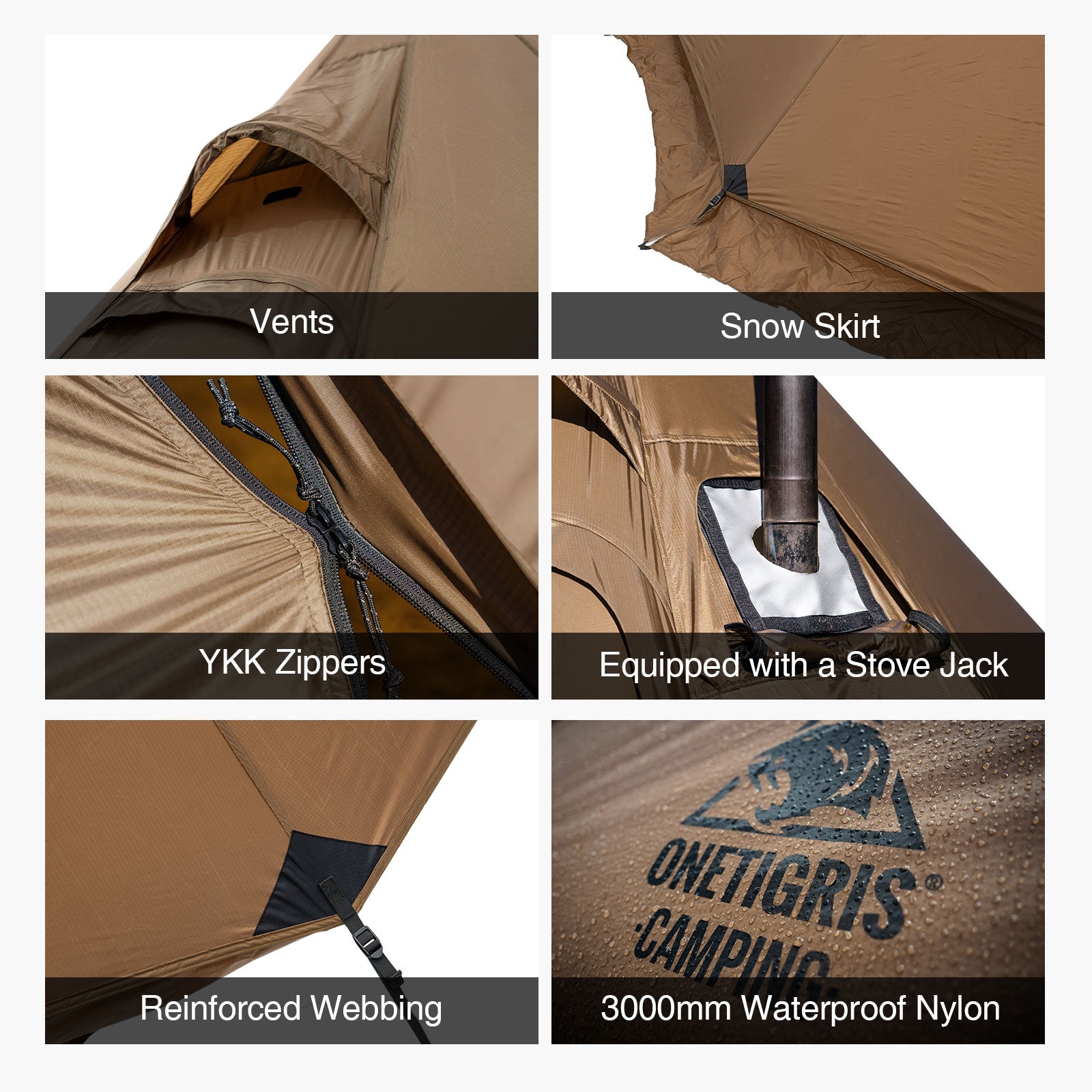 Collage of features of a camping tent with labels and OneTigris branding.