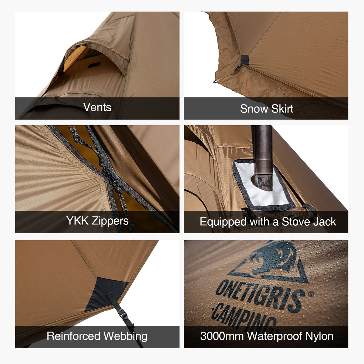 Collage of features of a camping tent with labels and OneTigris branding.
