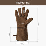 OneTigris leather glove size chart showing a 3.7in middle finger, 5.5in palm width, 5.9in cuff length, 14in total length, and 7.5in cuff opening.