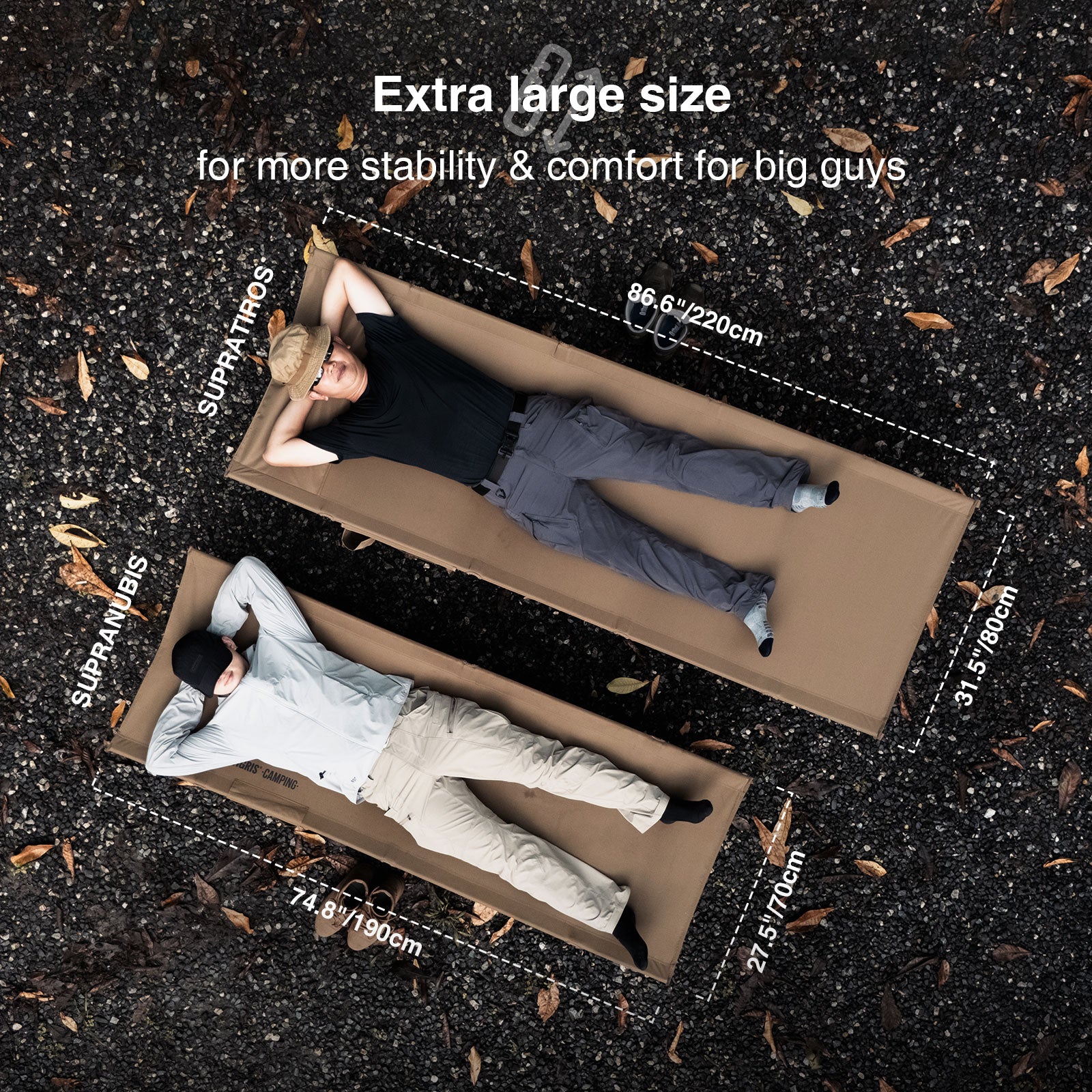 Two people lying on folding beds of different sizes, comparing sizes