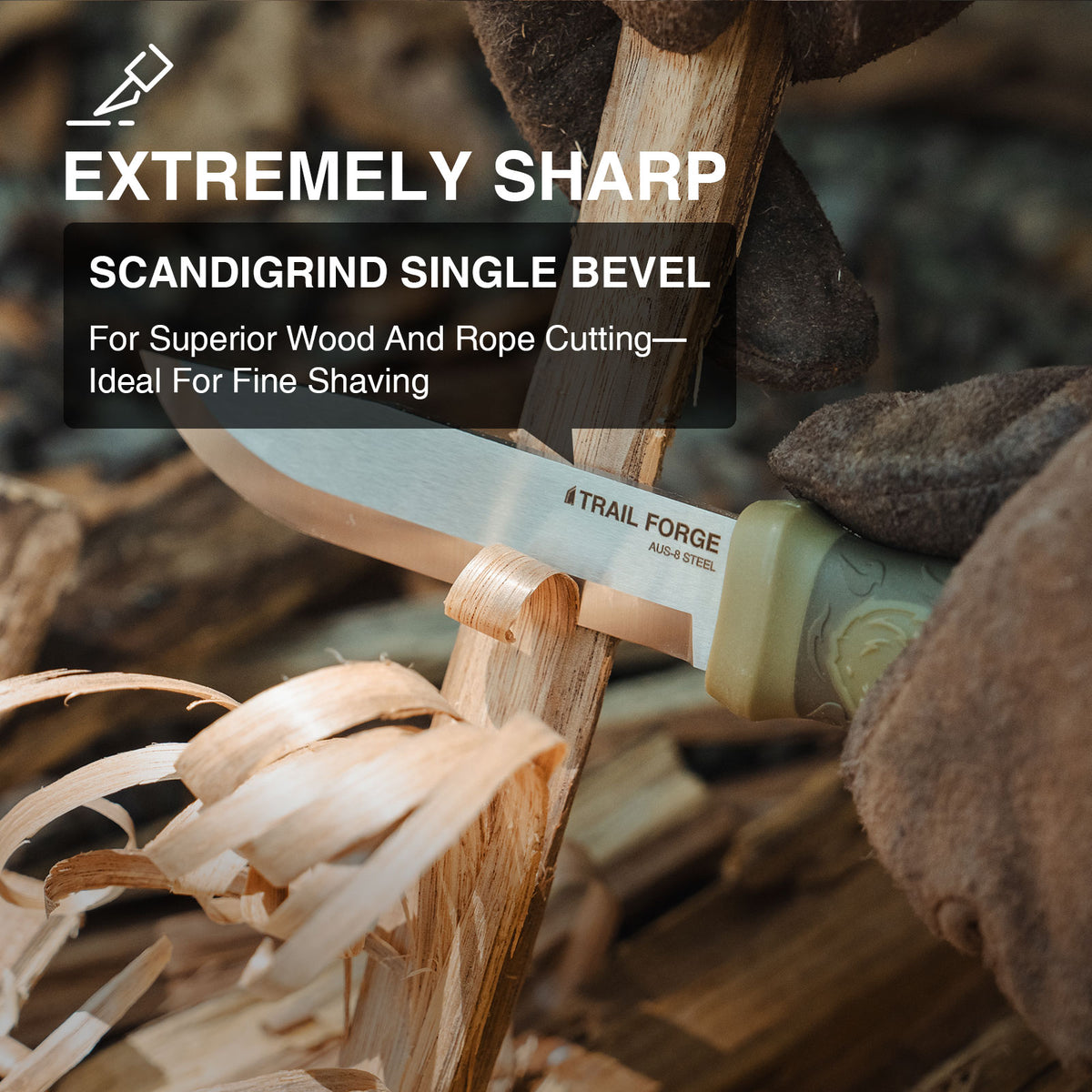 Knife with scandigrind single bevel technology cutting wood, with 'Trail Forge' branding.