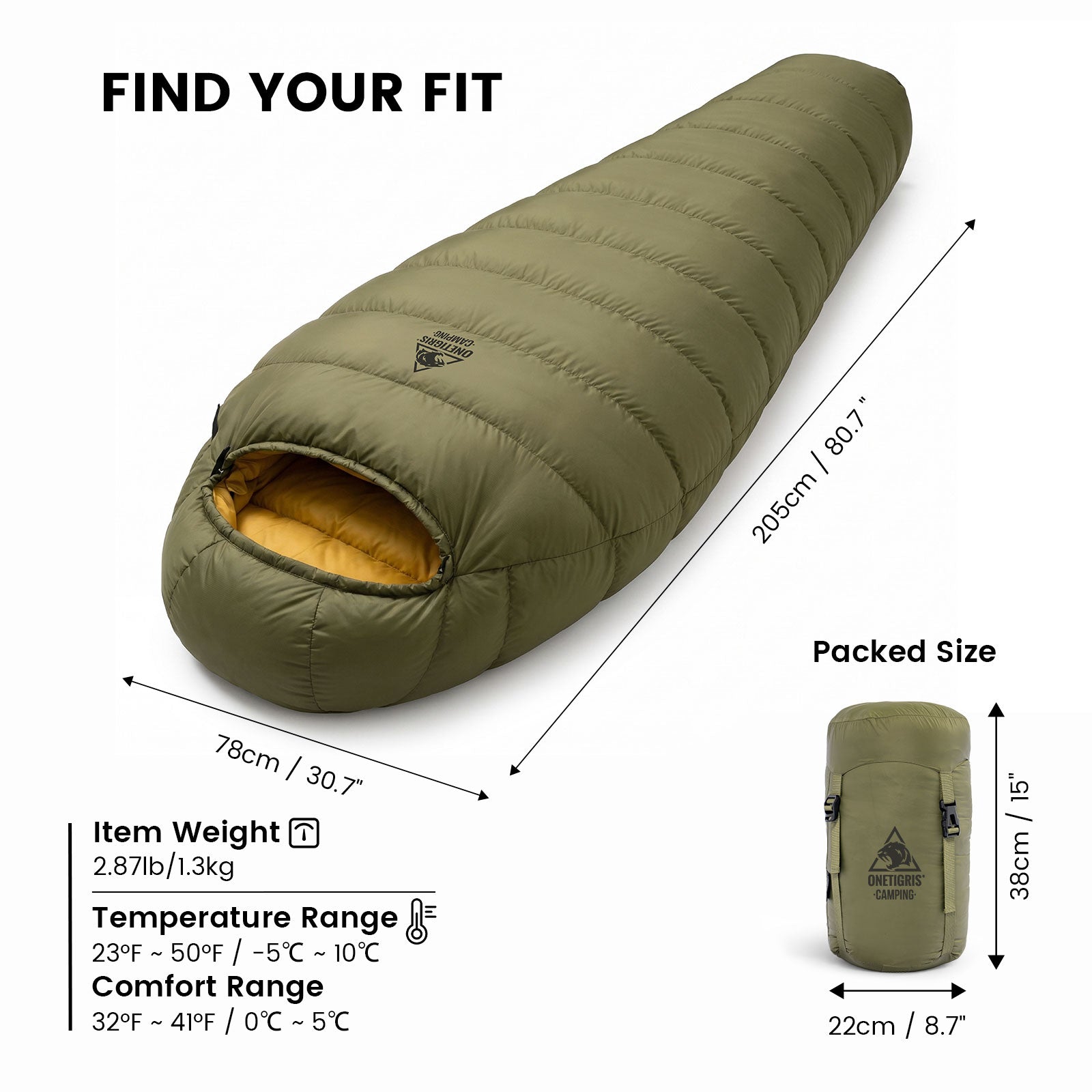 OneTigris mummy sleeping bag size chart showing unfolded dimensions (205cm x 78cm), packed size (38cm x 22cm), weight (1.3kg), and temperature ranges.