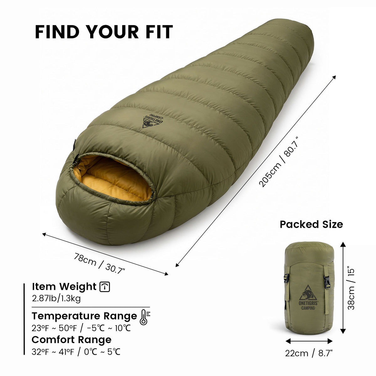 OneTigris mummy sleeping bag size chart showing unfolded dimensions (205cm x 78cm), packed size (38cm x 22cm), weight (1.3kg), and temperature ranges.