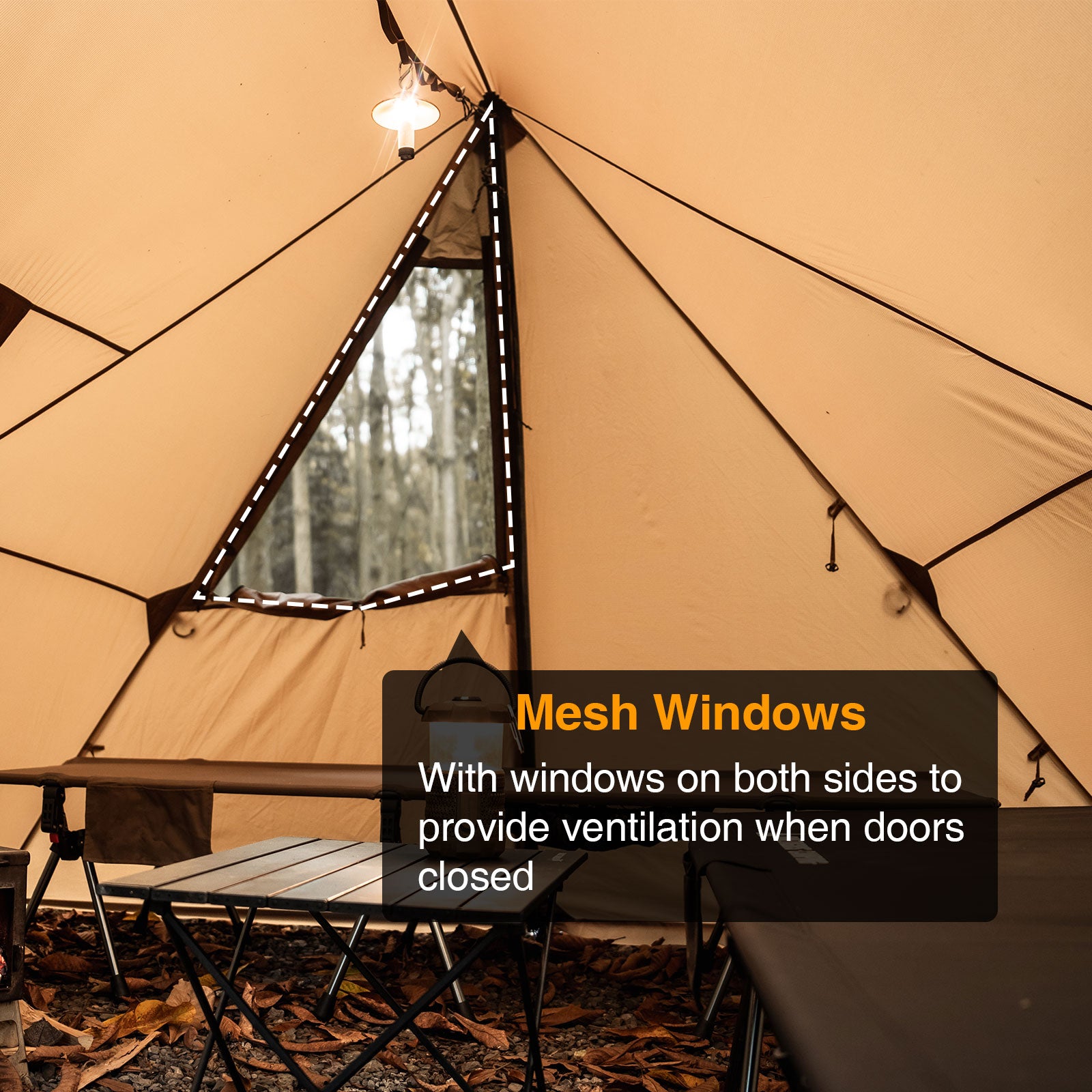 Beige camping tent with mesh windows and outdoor furniture, surrounded by nature.