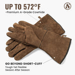 OneTigris premium A-grade cowhide leather gloves, heat-resistant up to 572°F with long cuffs for tough, flexible protection.