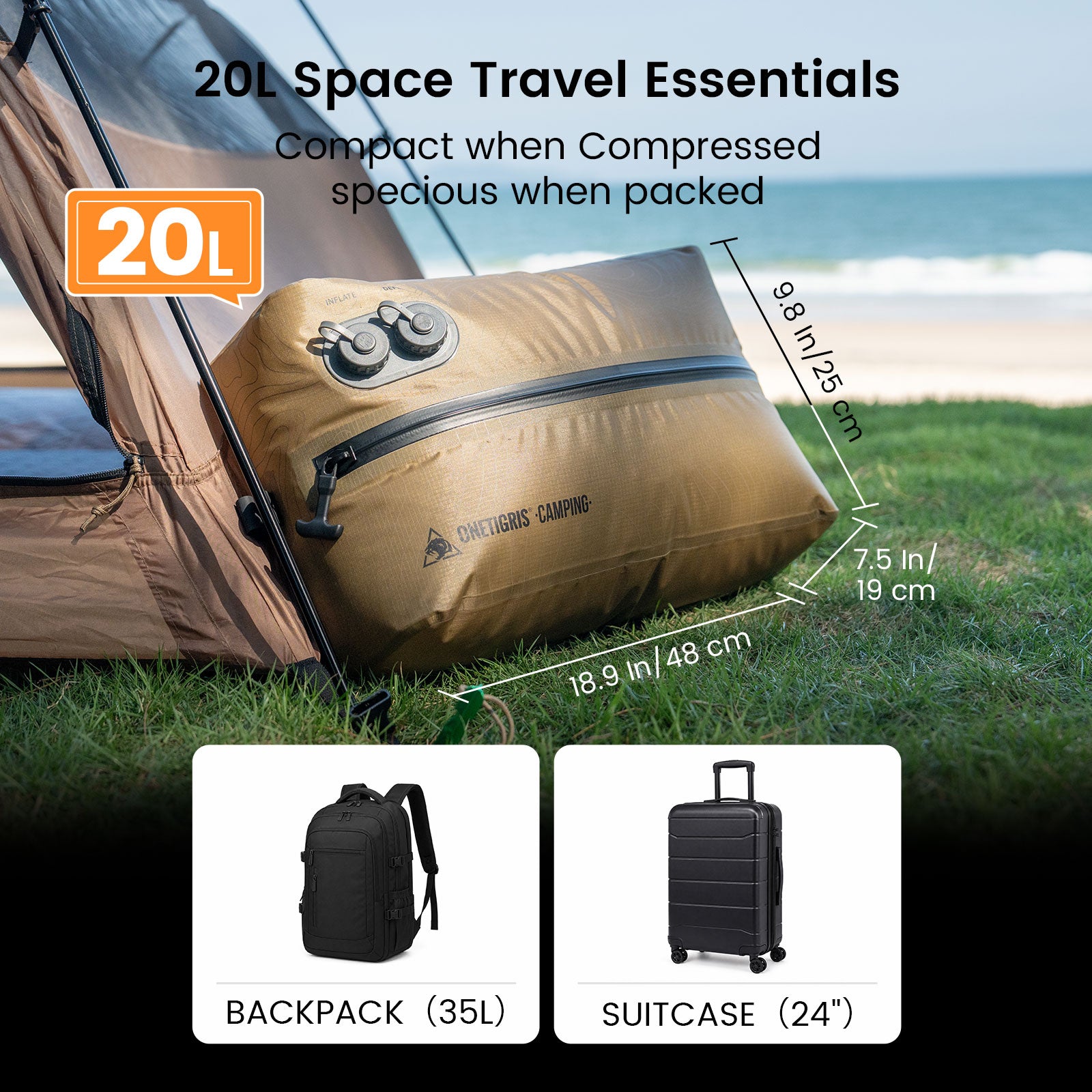 The image shows a 20-liter inflatable storage backpack next to a tent on the grass near the beach. The backpack is labeled with its dimensions, and there is a comparison box next to it showing a black backpack and a black suitcase of the same capacity.