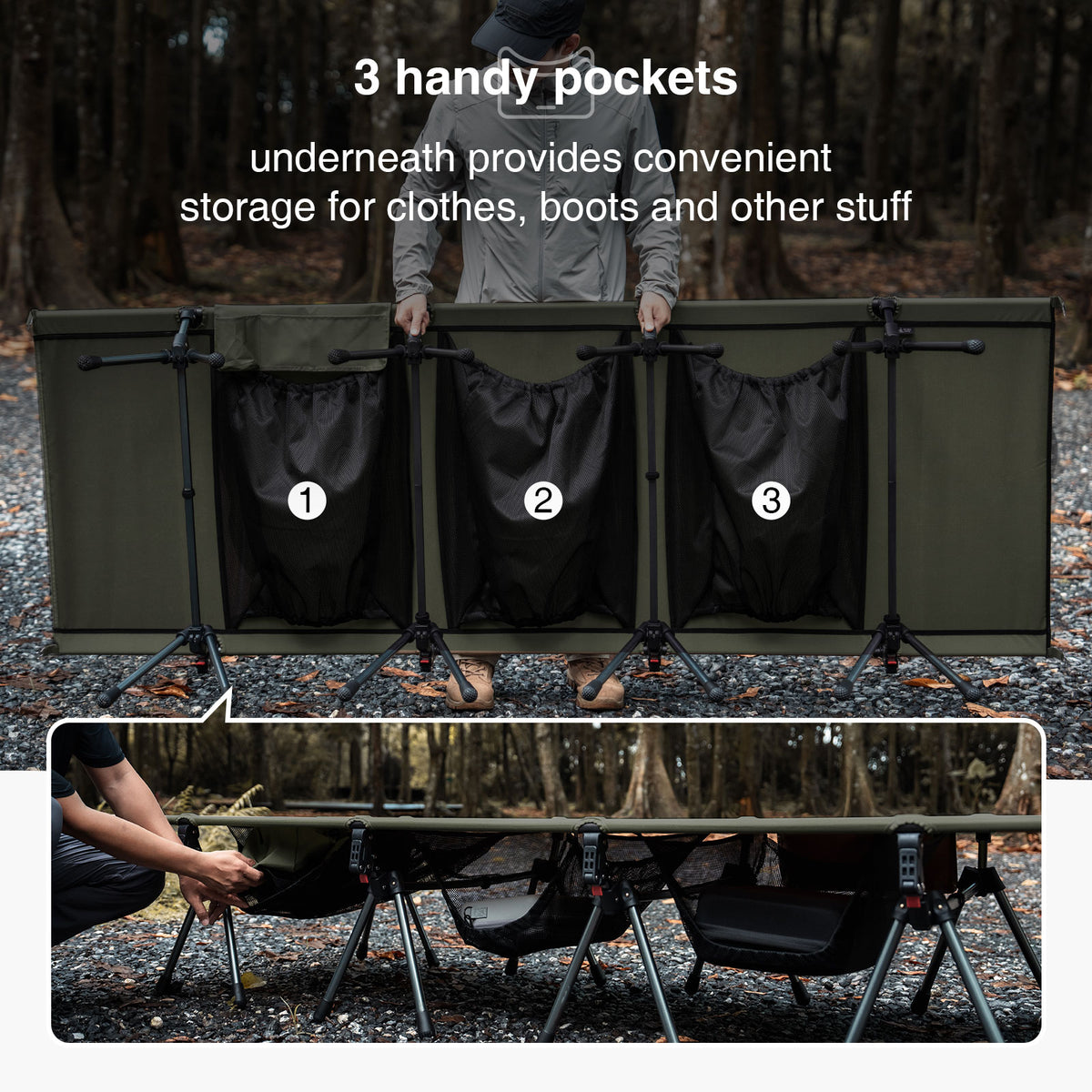 Camping cot with three handy pockets for storage, shown outdoors.