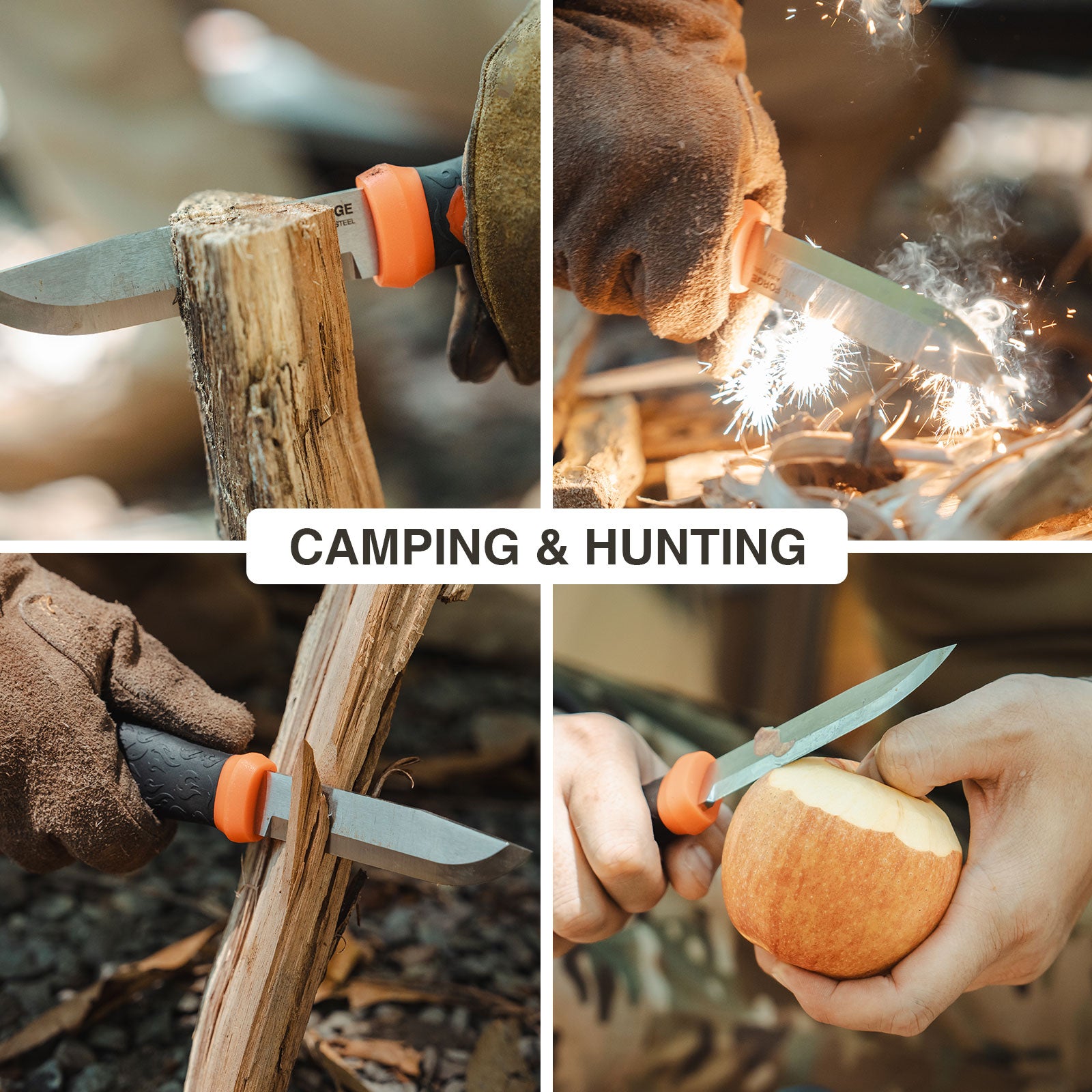Collage of camping and hunting activities with tools and fire-making.