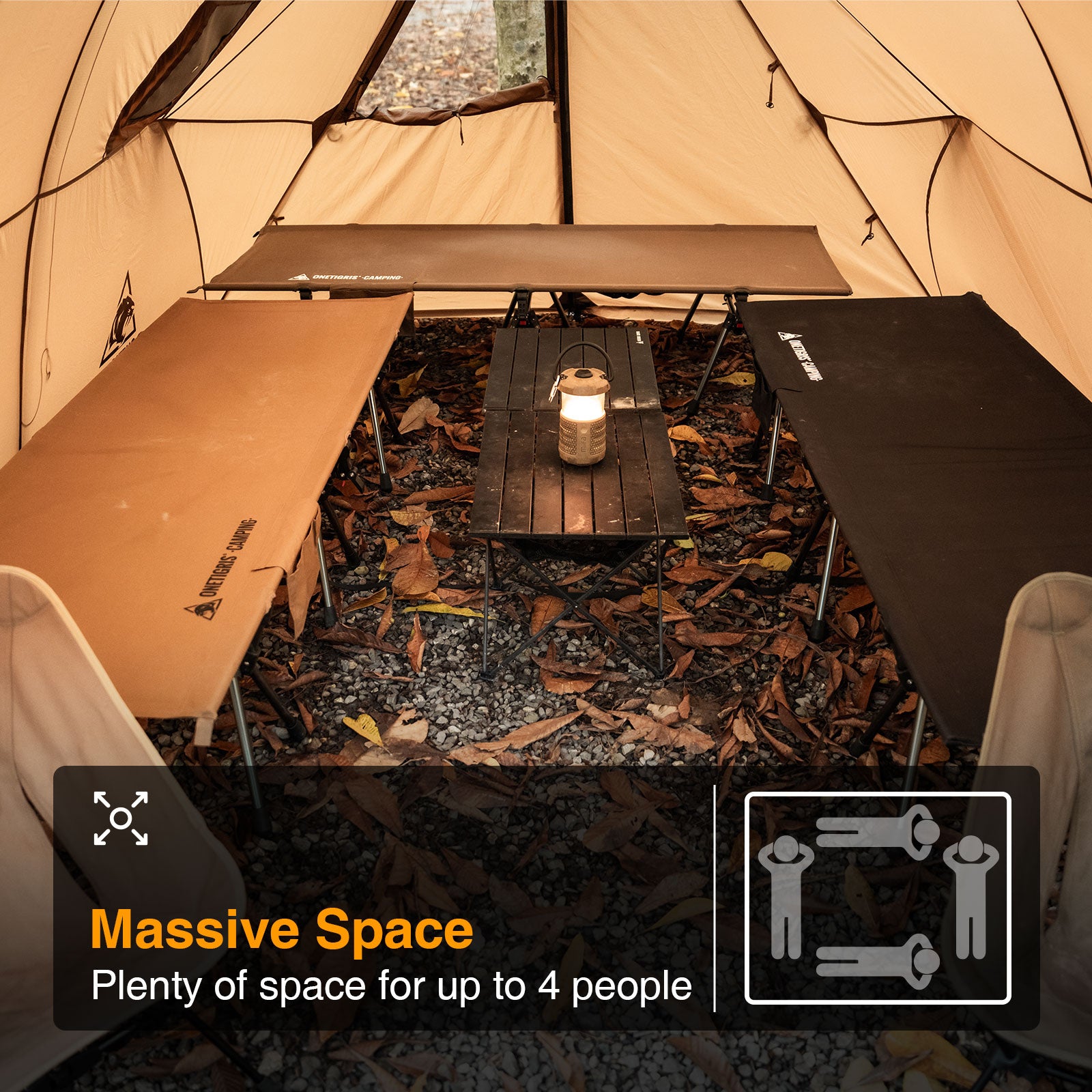 Camping tent interior with a table and seating area, featuring text about space for up to 4 people.
