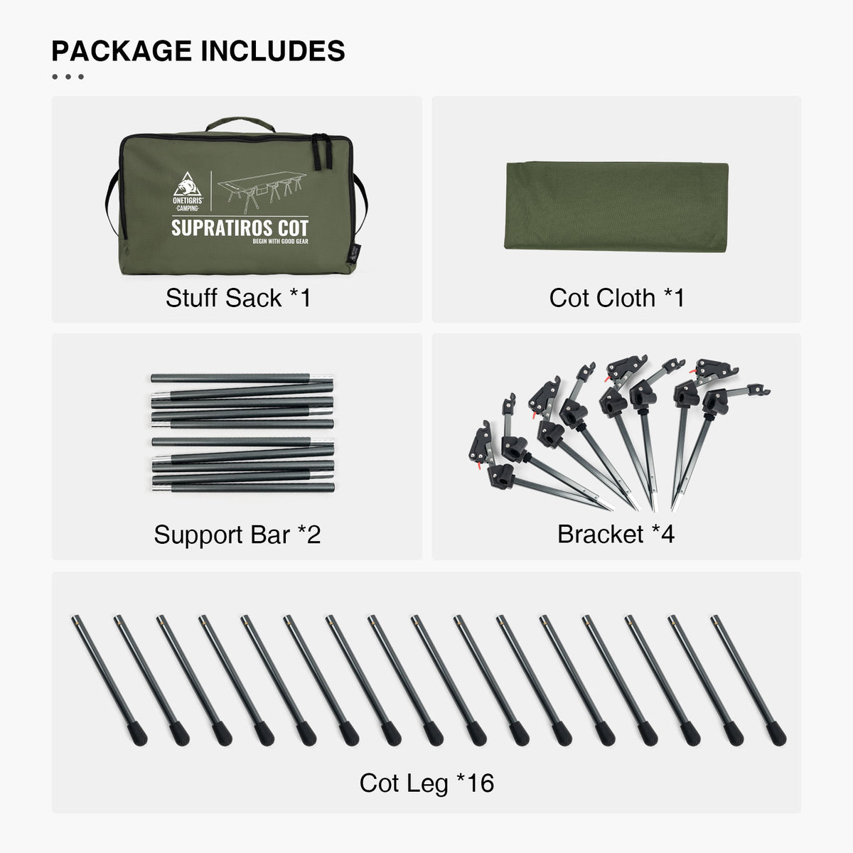 Supratiros Cot package contents including stuff sack, cot cloth, support bar, brackets, and cot legs on a white background.
