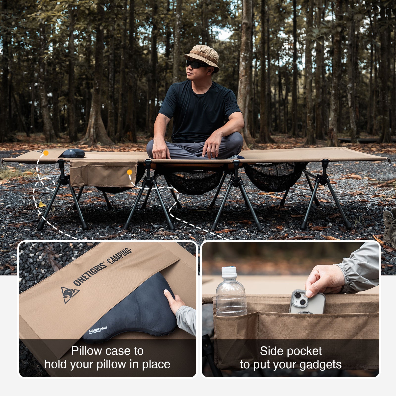 Person sitting on a camping cot with inset images showing a pillow case and side pocket.