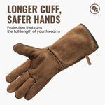 OneTigris cowhide leather glove with an extended long cuff for full forearm protection.