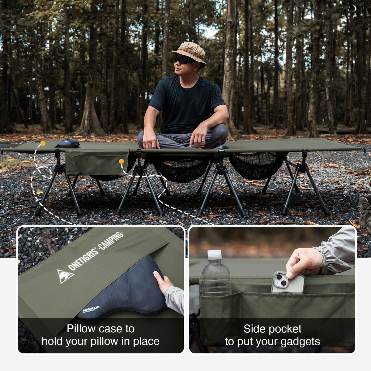 Person sitting on a camping cot with additional features highlighted in inset images.