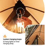 Lantern with hanging loops for lights or straps, with a close-up of a hand holding a light bulb.