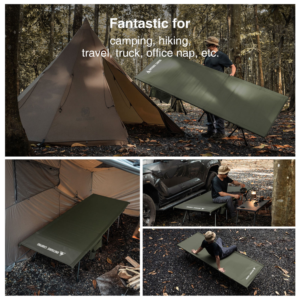 Collage of a camping cot being used in various outdoor settings with text overlay.