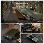 Collage of a camping cot being used in various outdoor settings with text overlay.
