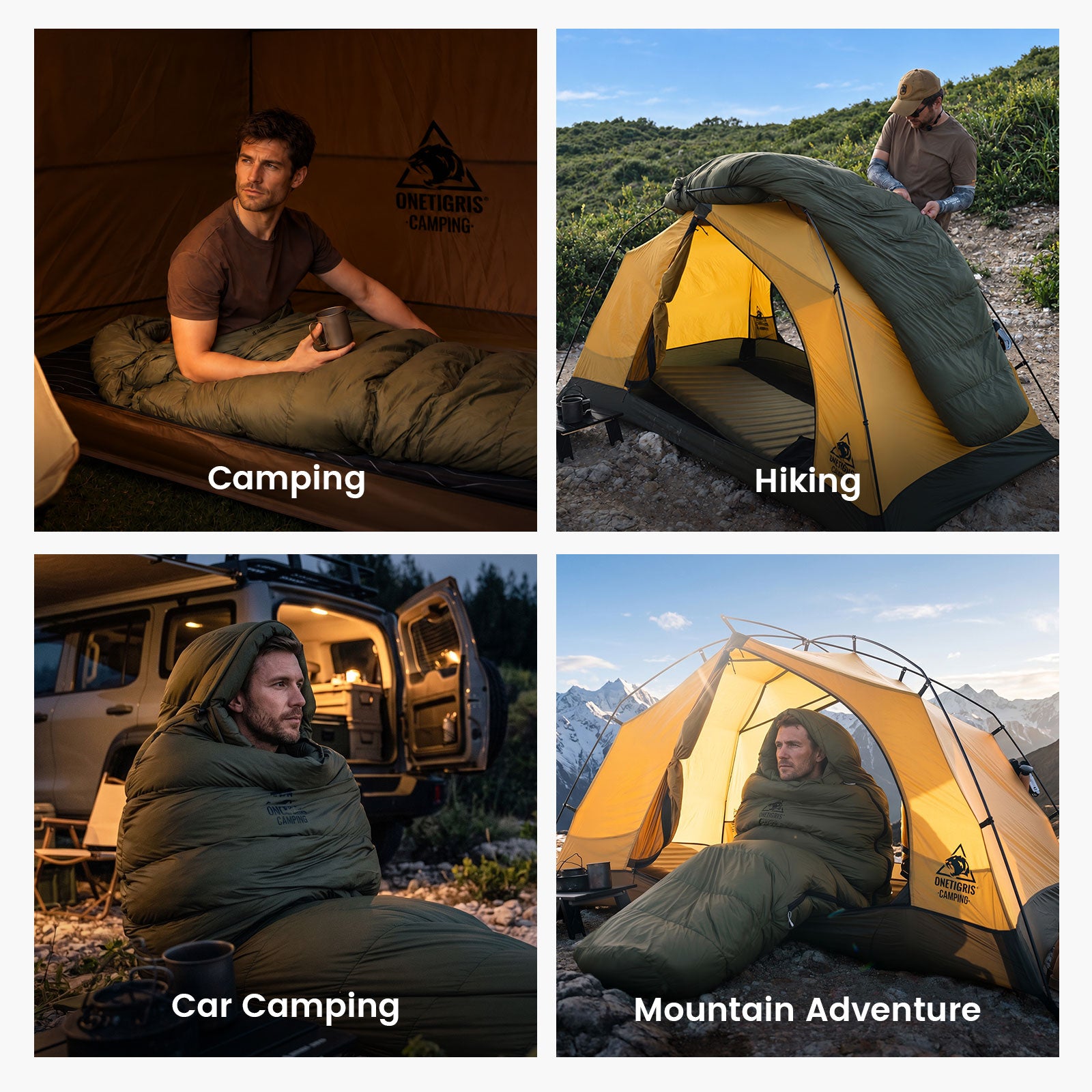 Collage showing the OneTigris sleeping bag used across four scenarios: camping, hiking, car camping, and mountain adventures.