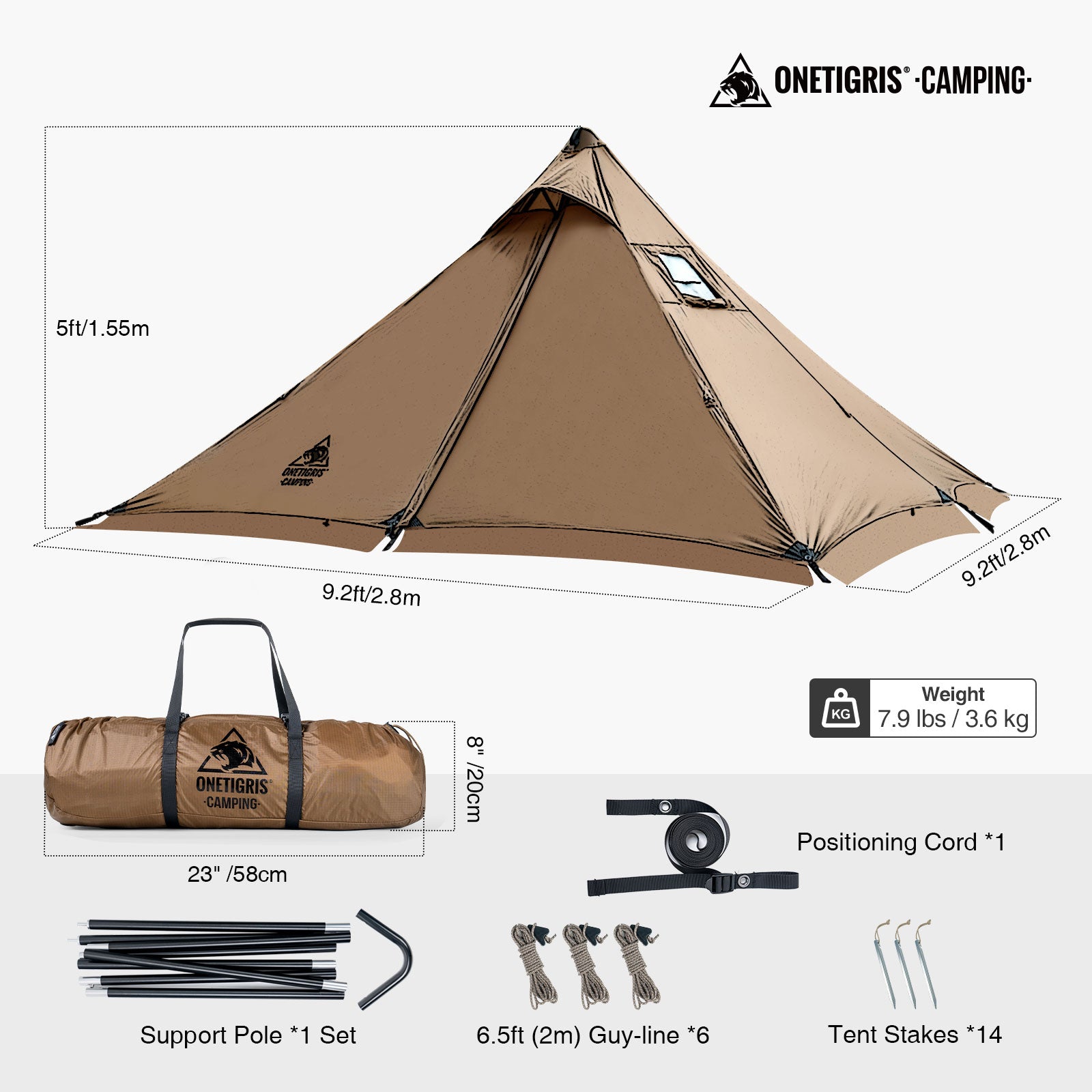 Camping tent with dimensions, weight, and accessories displayed on a white background.