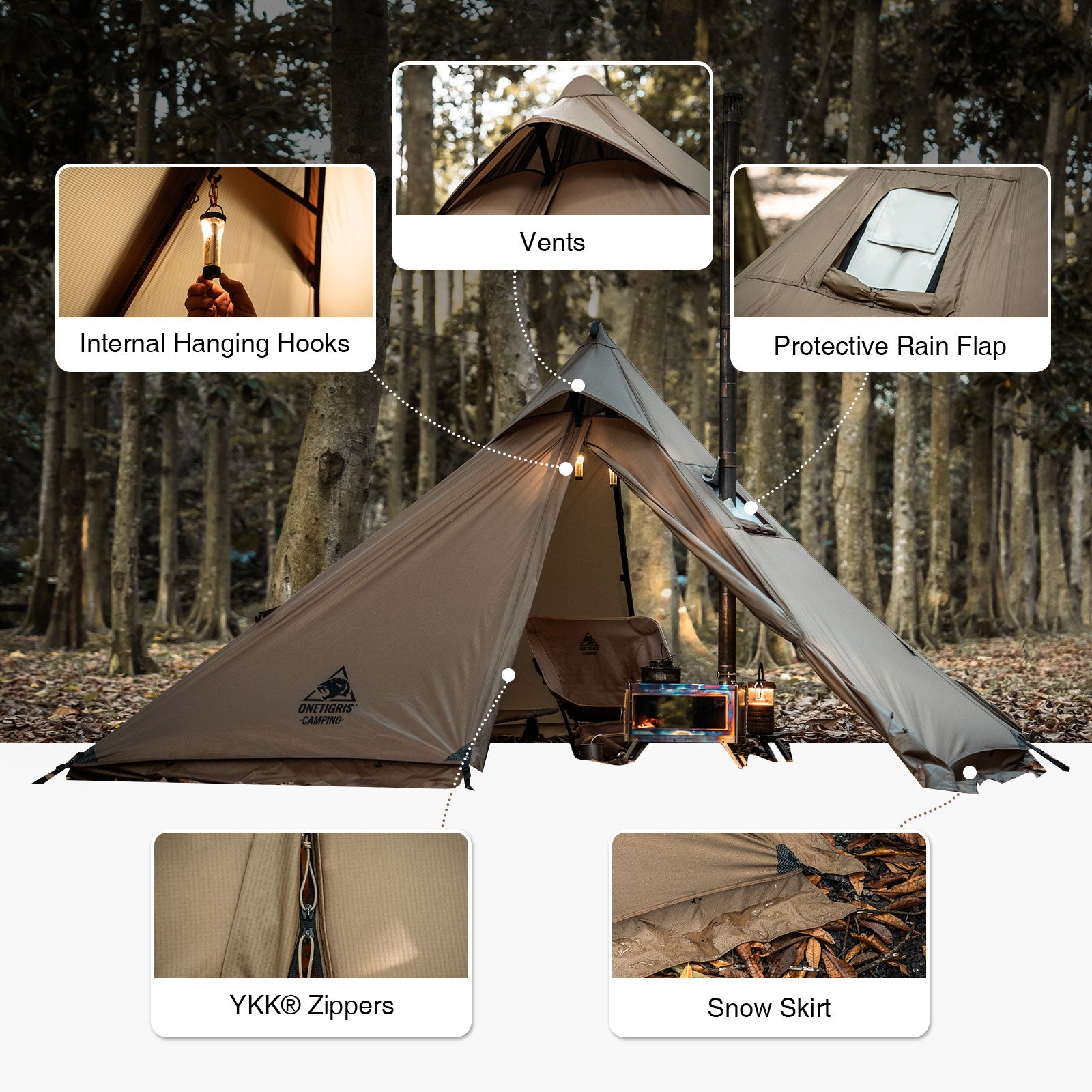 Camping hot tent with features highlighted in a forest setting