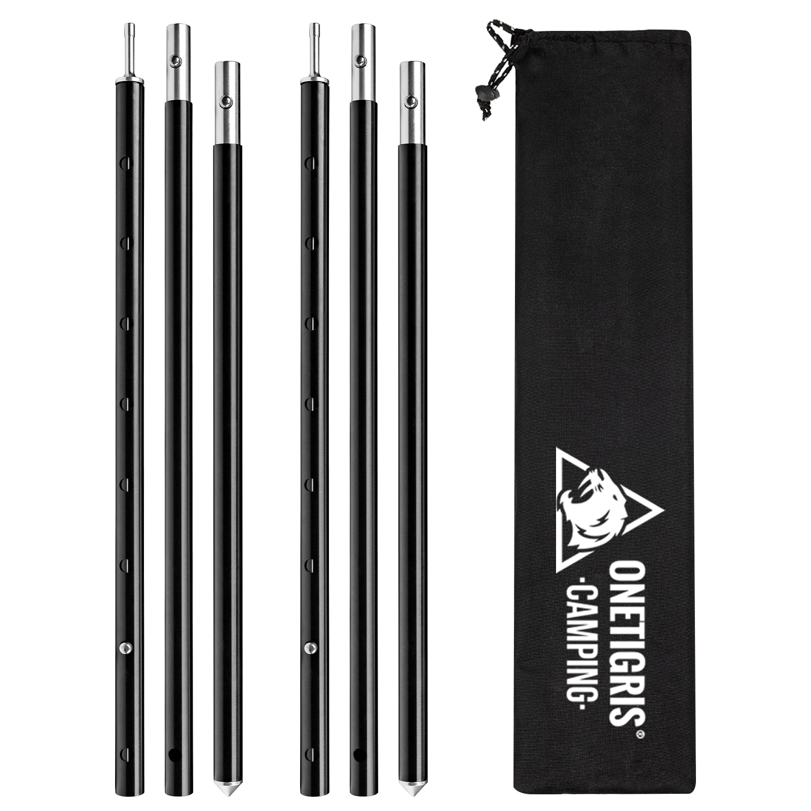 Set of black camping tent poles with a carrying bag featuring OneTigris logo on a white background