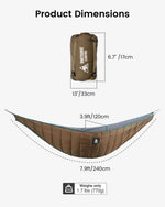 Hammock with dimensions labeled on a white background
