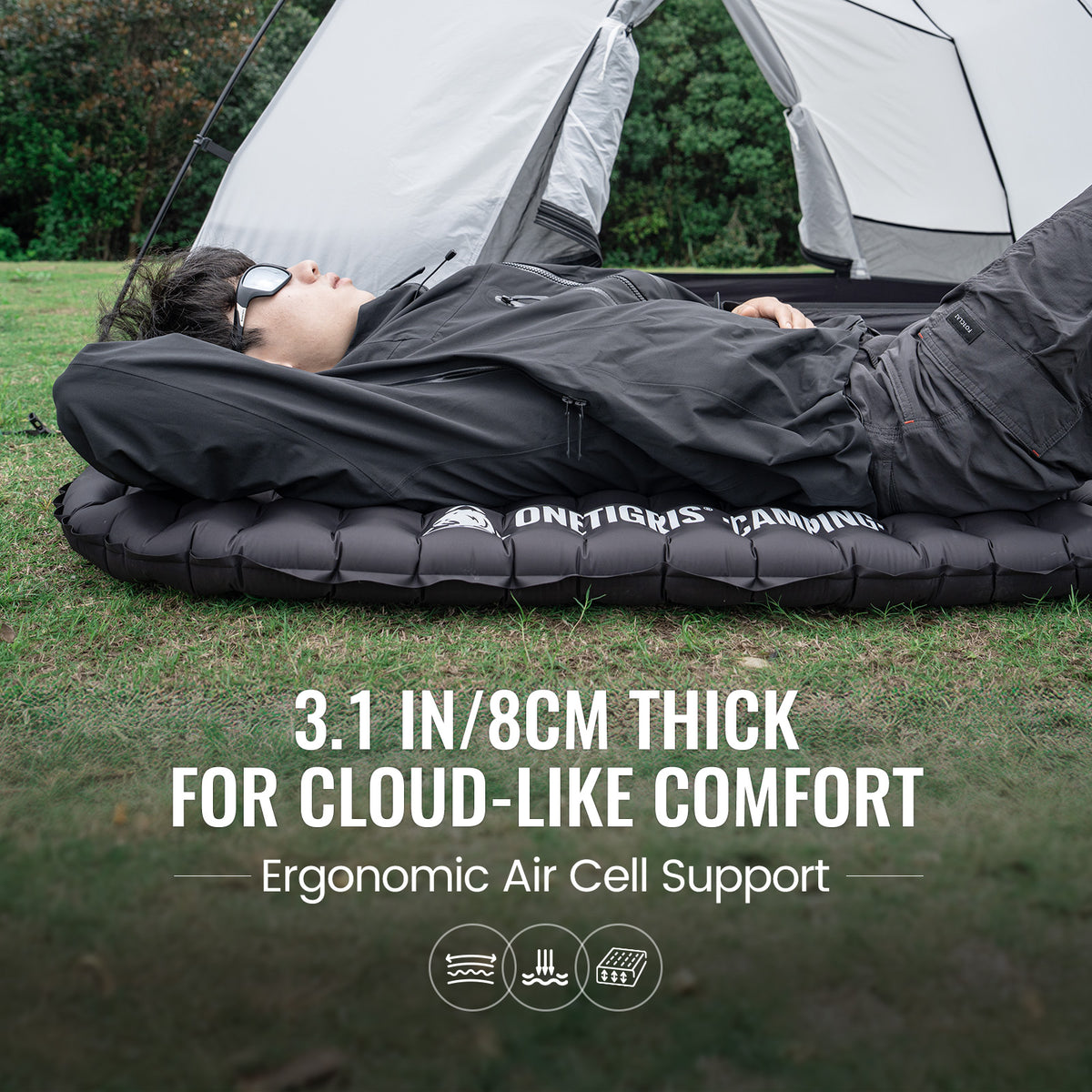 3.1 IN / 8CM THICK for cloud-like comfort with ergonomic air cell support
