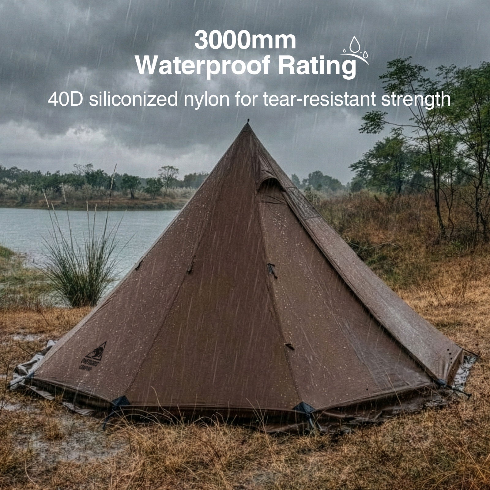 Tent with waterproof rating feature shown in a rainy outdoor setting
