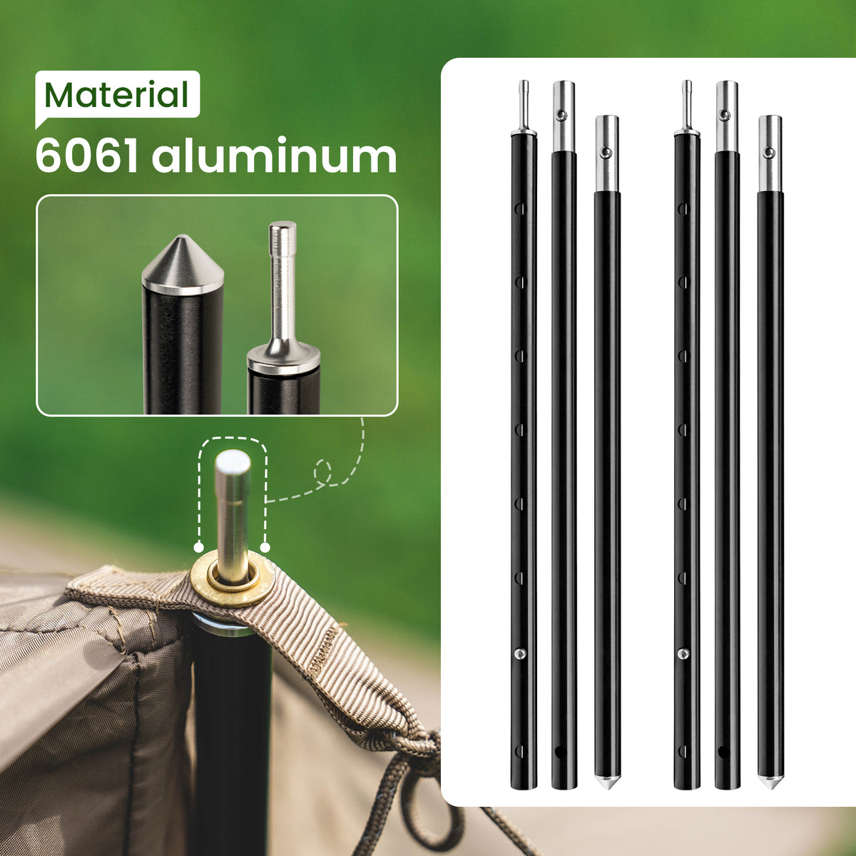 6061 aluminum tent pole set with material label on a green background