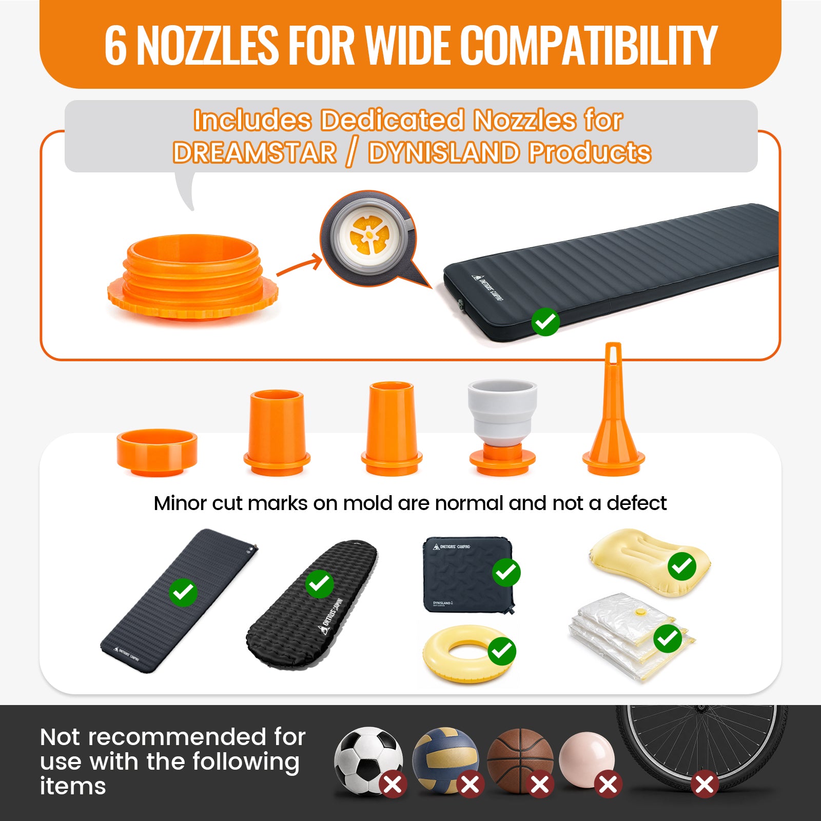 An informational product graphic for an inflatable sleeping pad set, showing multiple orange nozzles, compatibility with Dreamstar and Dynisland products, examples of installed pads, and items not recommended for use such as a soccer ball, bicycle wheel, and basketball.