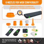 An informational product graphic for an inflatable sleeping pad set, showing multiple orange nozzles, compatibility with Dreamstar and Dynisland products, examples of installed pads, and items not recommended for use such as a soccer ball, bicycle wheel, and basketball.