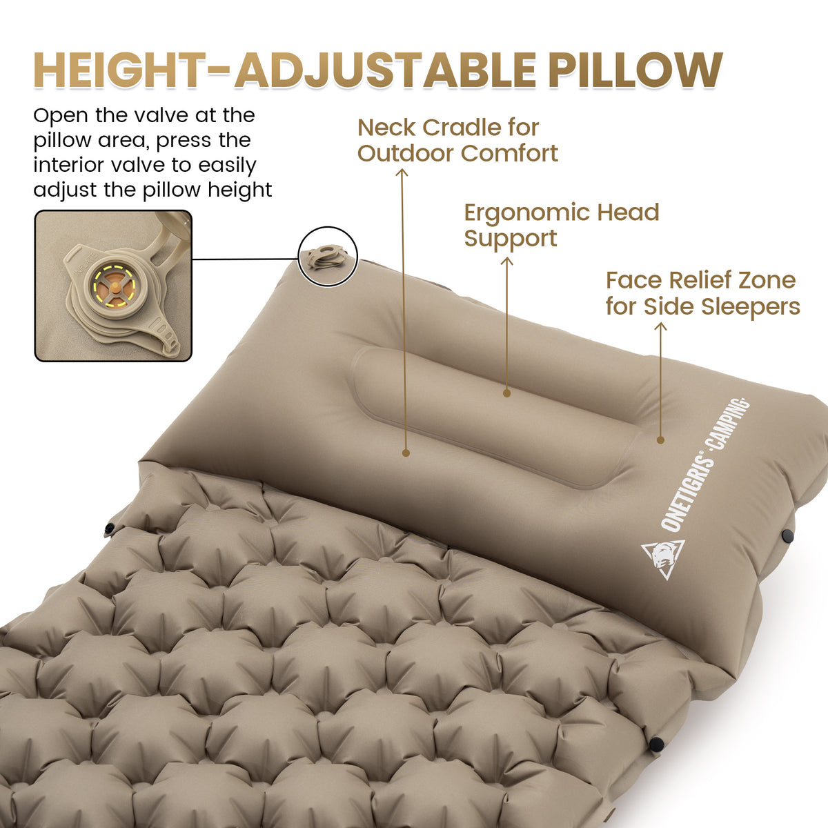 Height-adjustable pillow with features highlighted on a white background