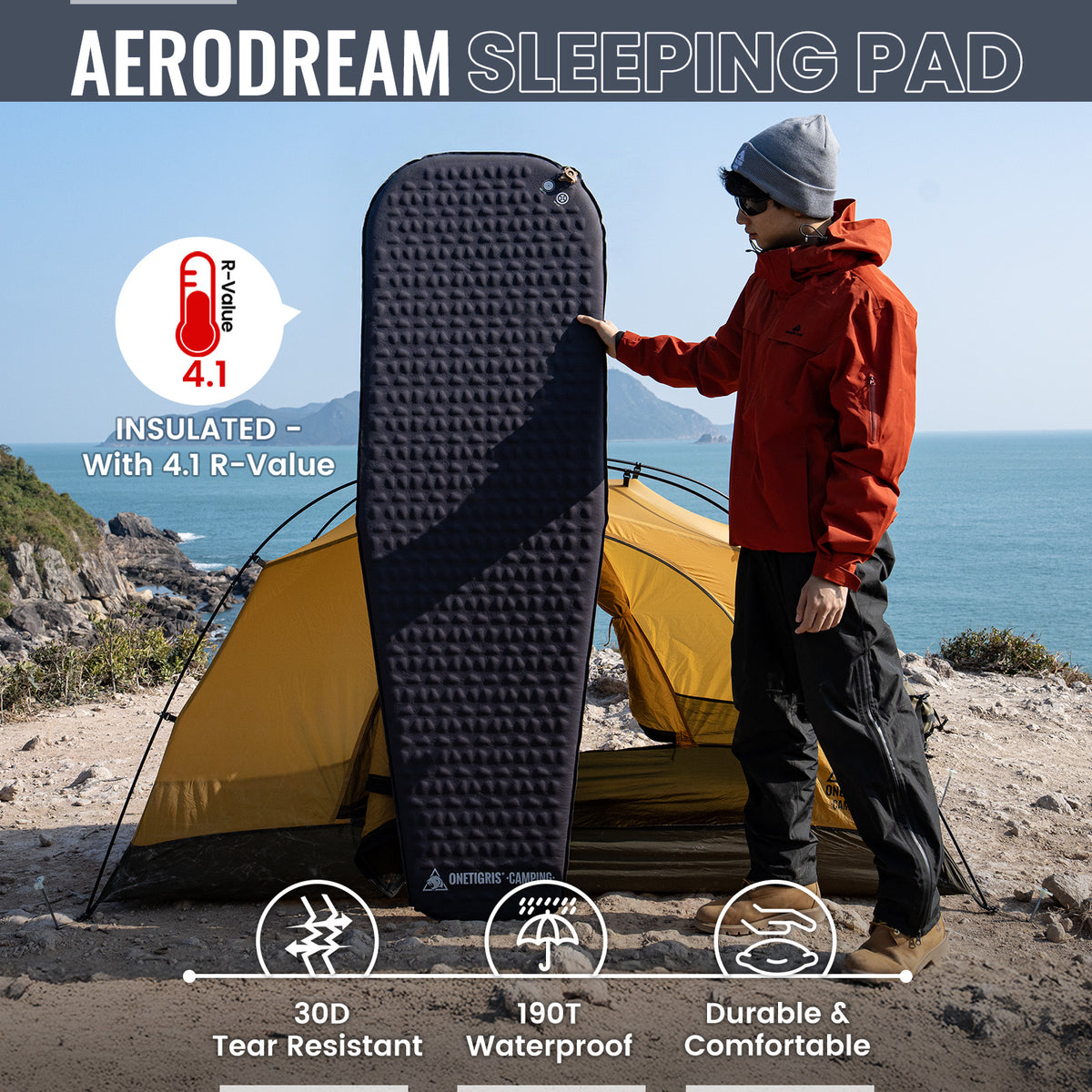Person holding an Aerodream sleeping pad with camping scene and product features displayed.