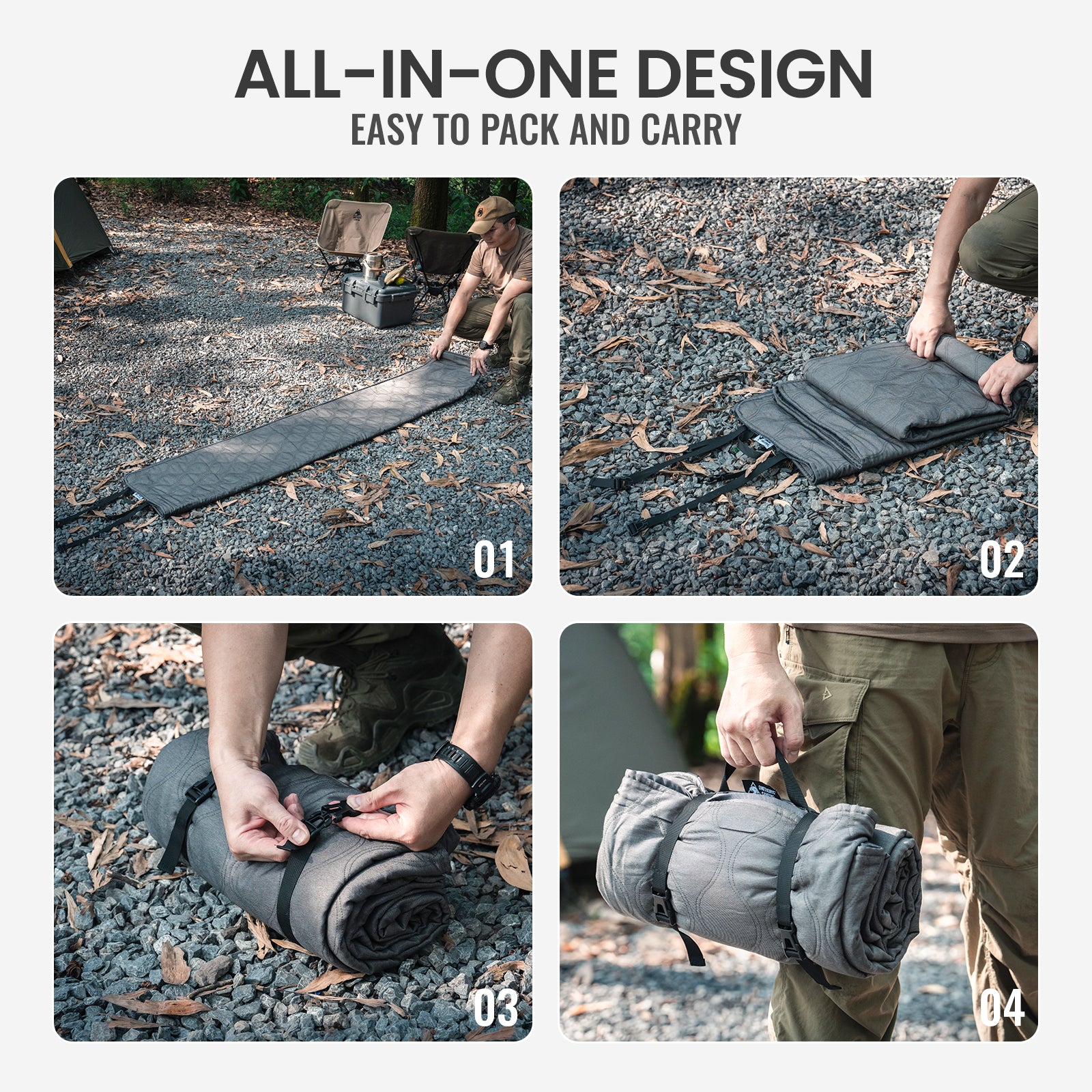 Product being rolled out, packed, and carried by a person outdoors.