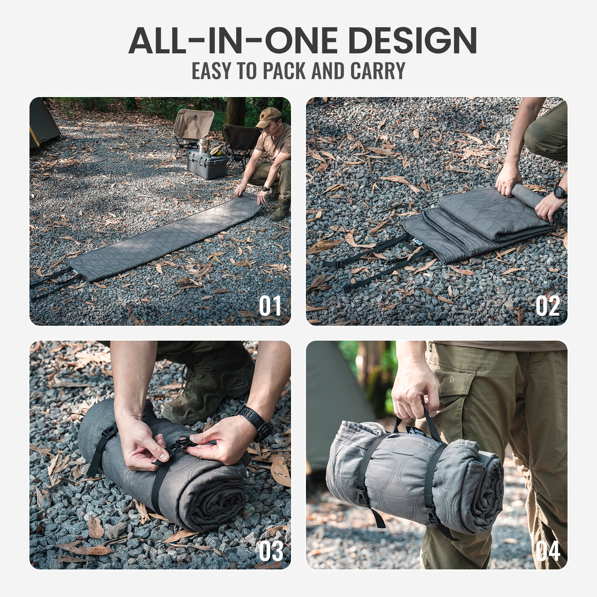 Product being rolled out, packed, and carried by a person outdoors.