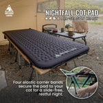 Camping cot with Nightfall Cot Pad in outdoor setting, featuring OneTigris Camping branding.