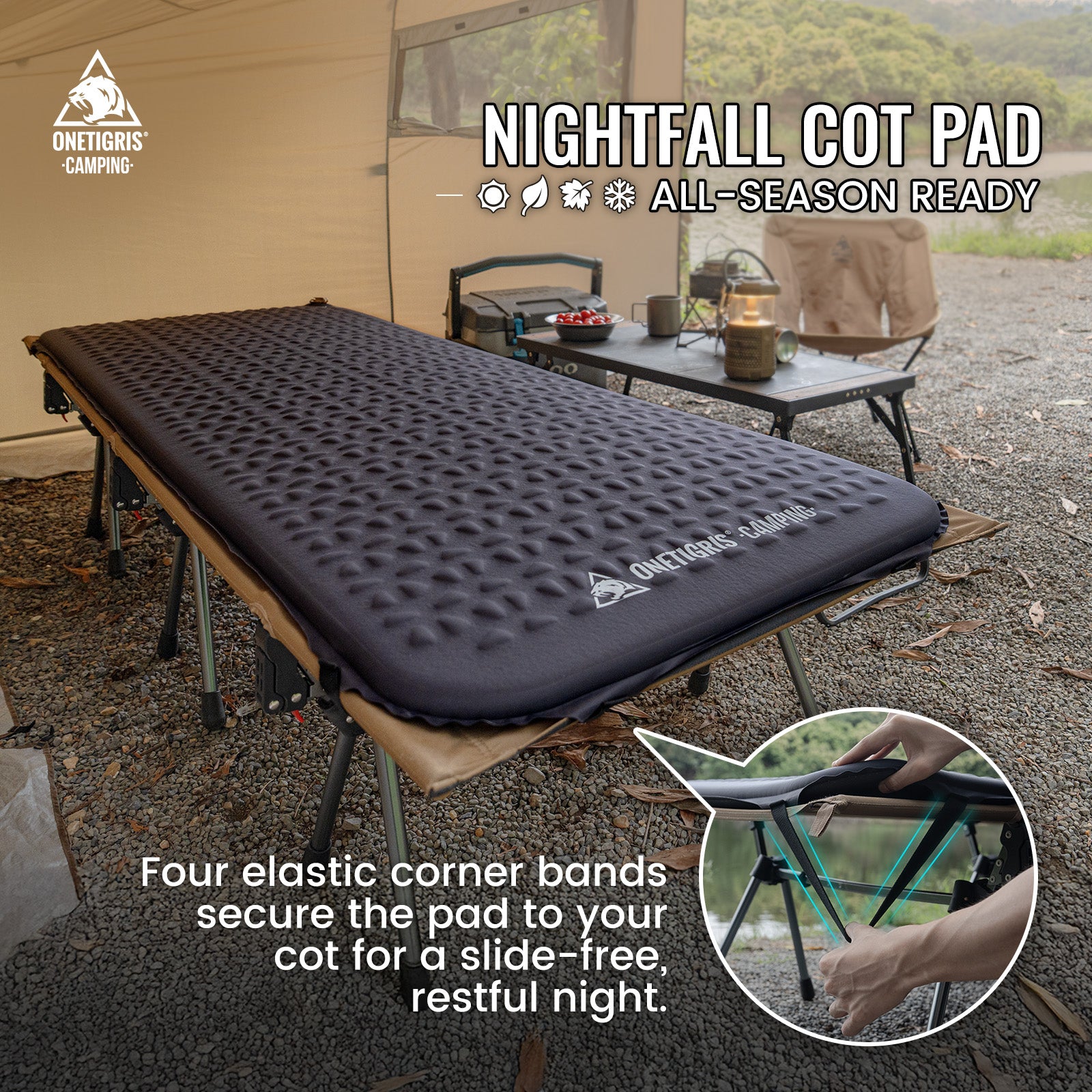 Camping cot with Nightfall Cot Pad in outdoor setting, featuring OneTigris Camping branding.