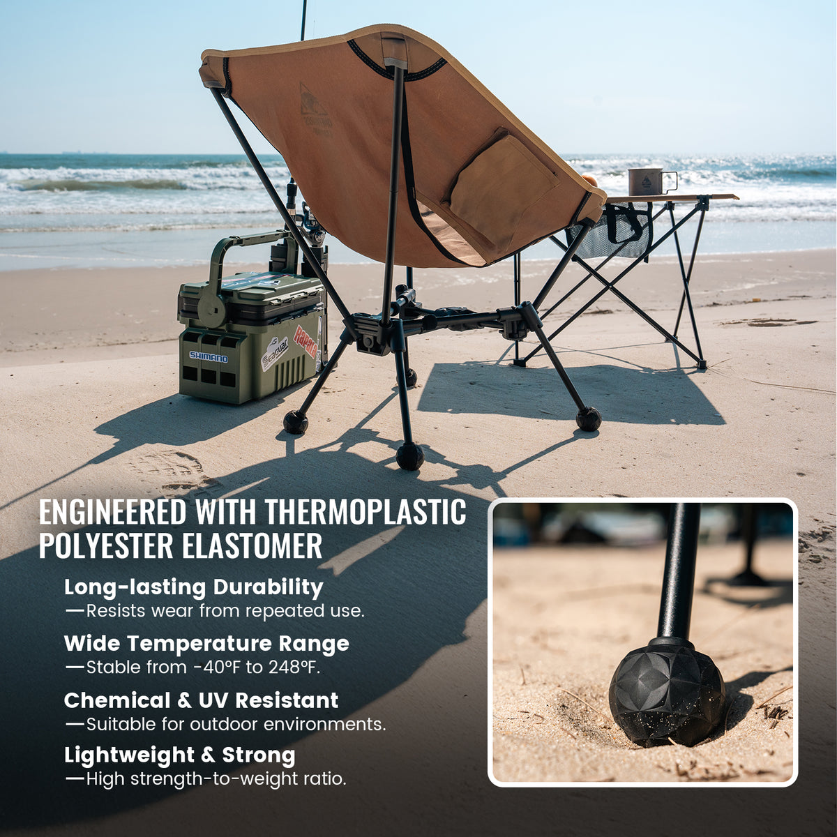Portable camping chair on a beach with text about material properties.