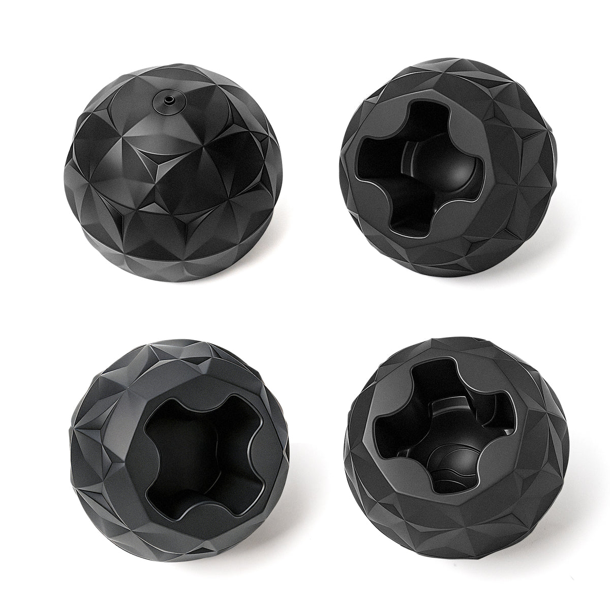 Four black geometric ball-shaped objects on a white background