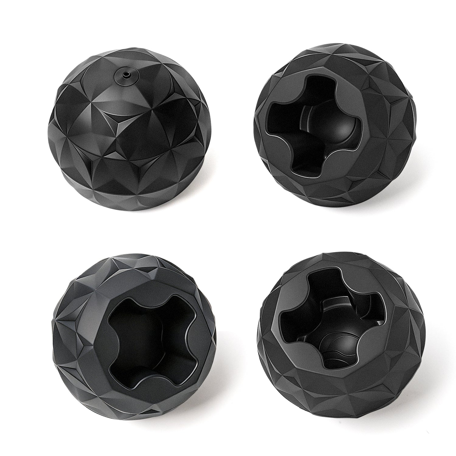 Four black geometric ball-shaped objects on a white background