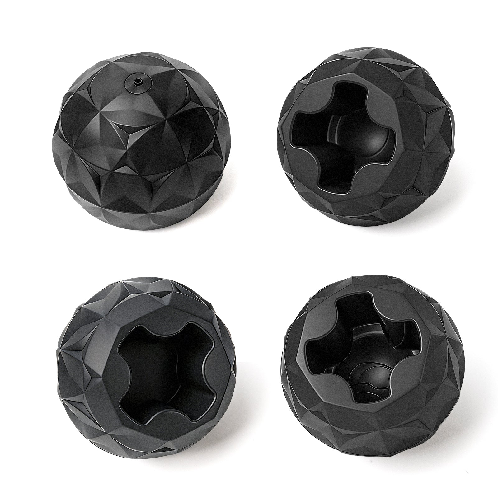 Four black geometric ball-shaped objects on a white background