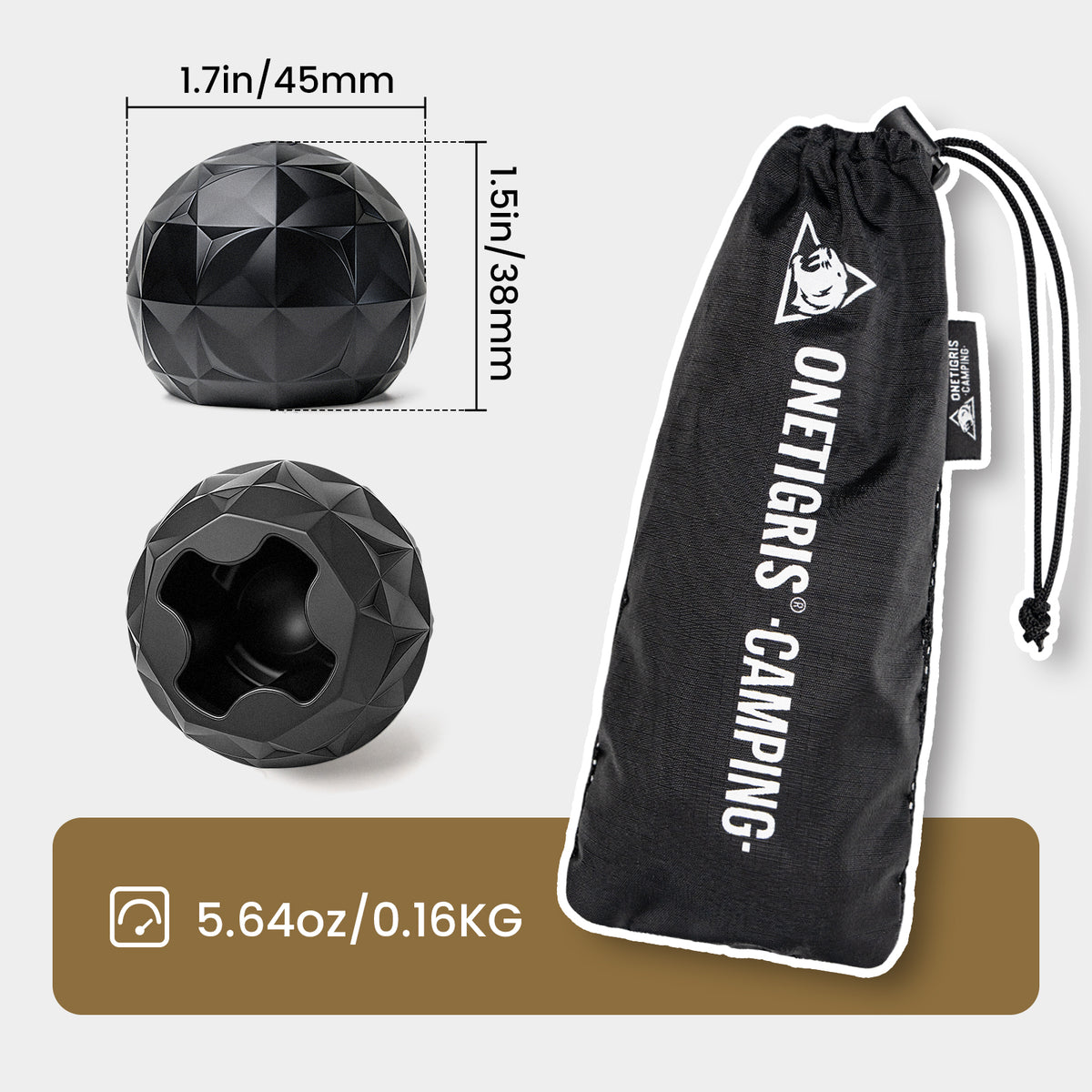 Anti-sink Ball with measurements and a carrying bag labeled 'ONETIGRIS Camping' on a light gray background.