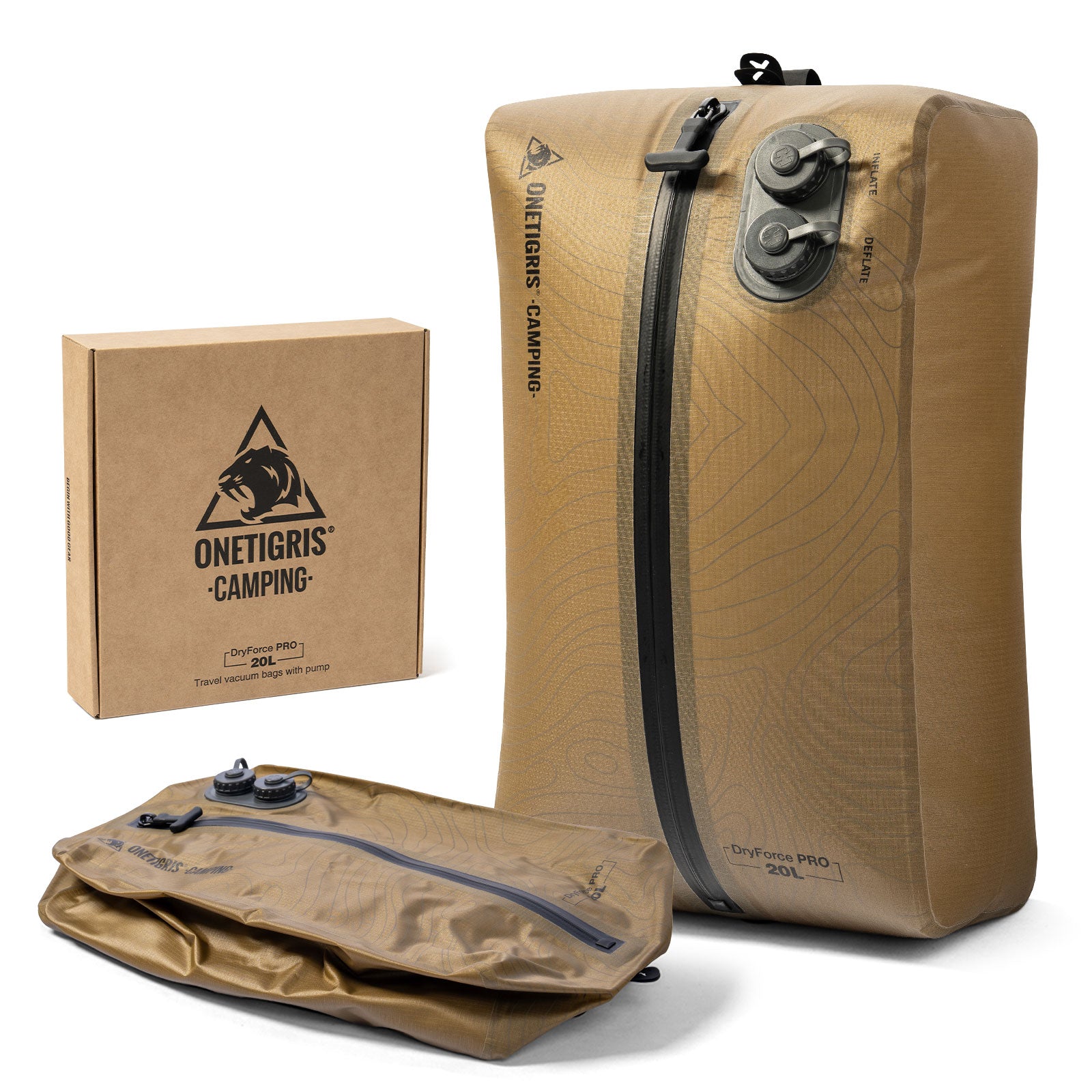 Set against a white studio background, a tan OneTigris inflatable storage bag (featuring black zippers and valve components) is displayed in an upright position, alongside its matching tan inflation pump and a brown cardboard product box.