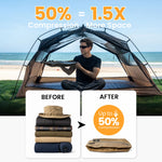 A man sits inside a tan mesh camping tent set up on the beach—bearing the bold text "50% = 1.5x Compression"—holding a compressed storage bag.