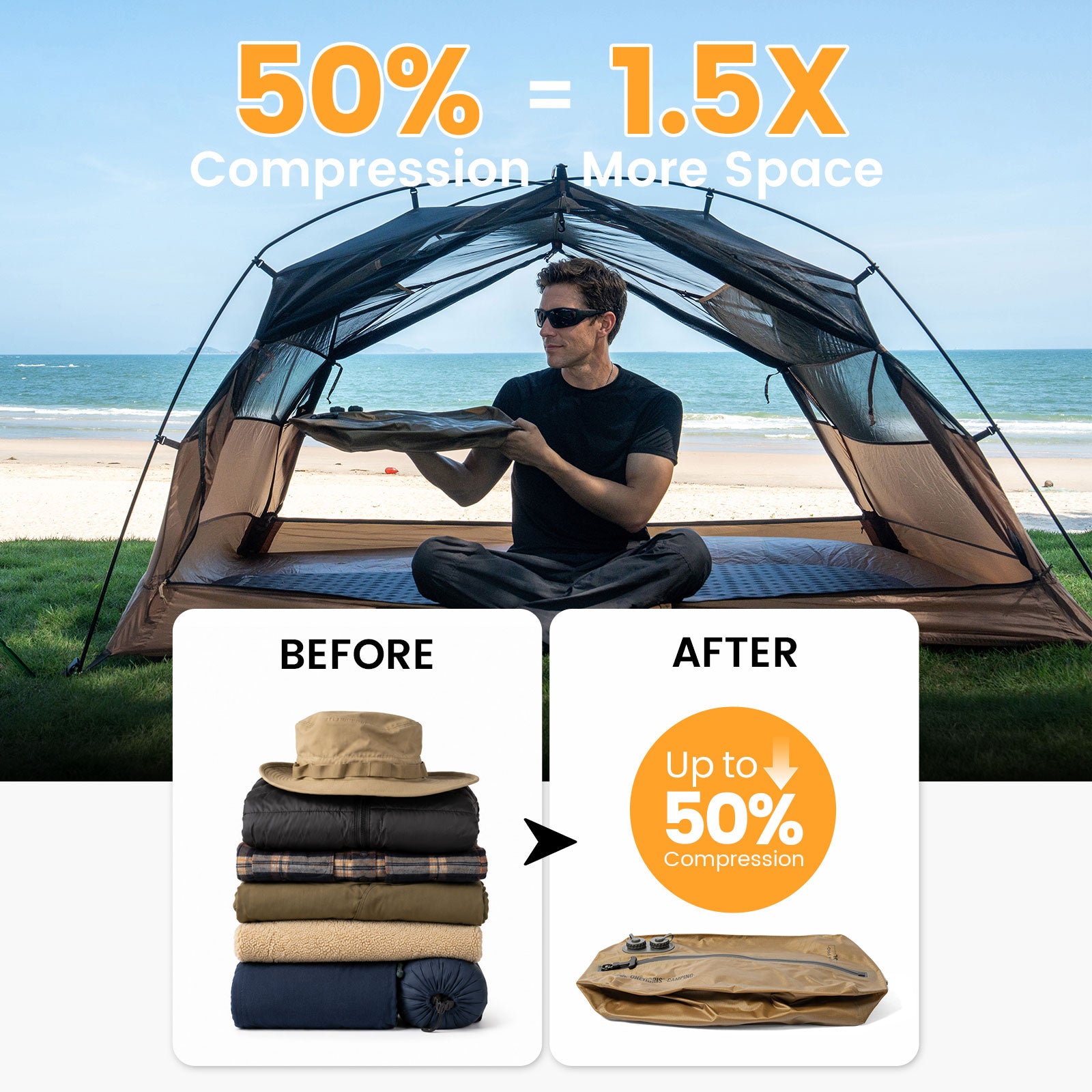A man sits inside a tan mesh camping tent set up on the beach—bearing the bold text 
