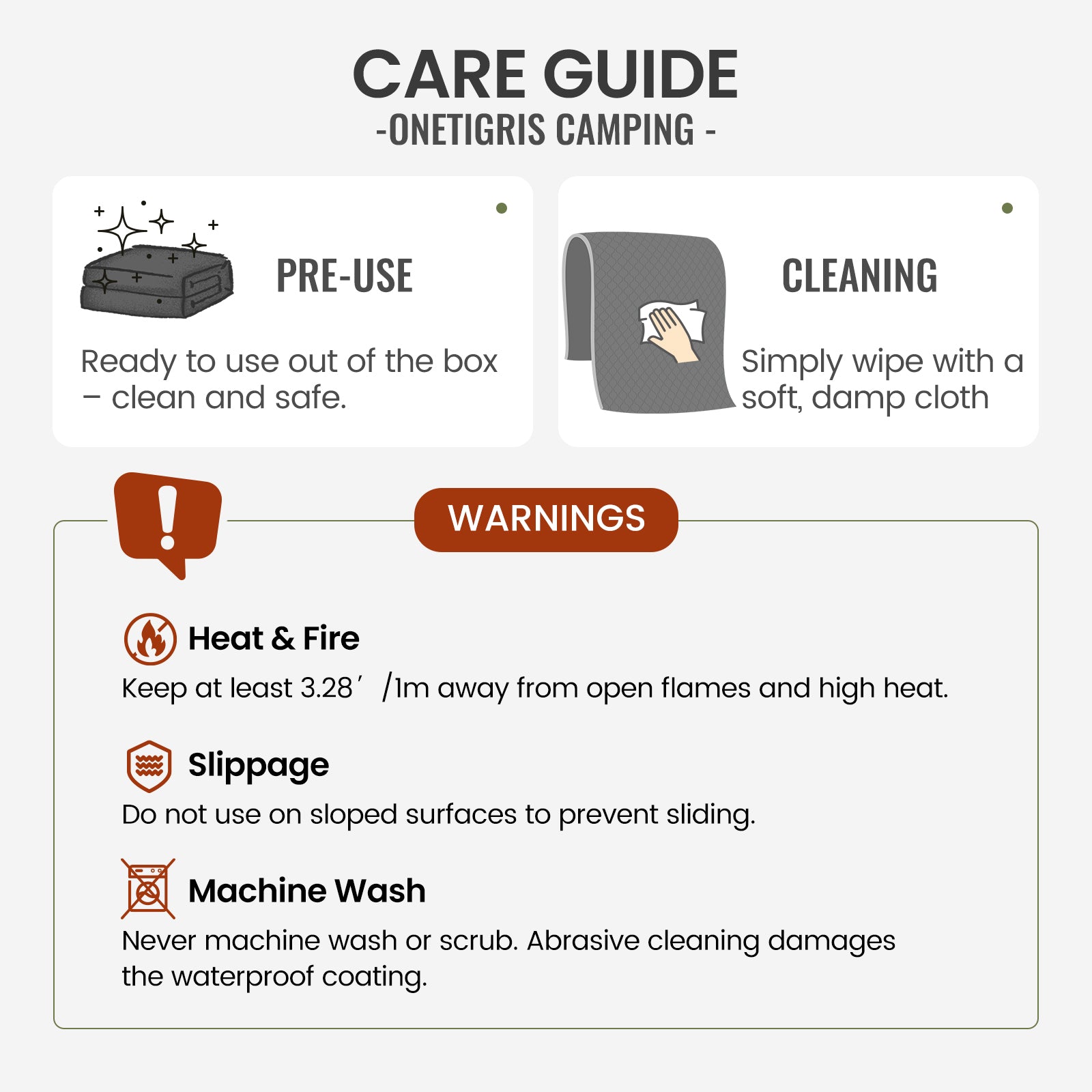 Care guide for OneTigris camping product with icons and text on a white background