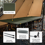 Camping cot with features highlighted on a natural background